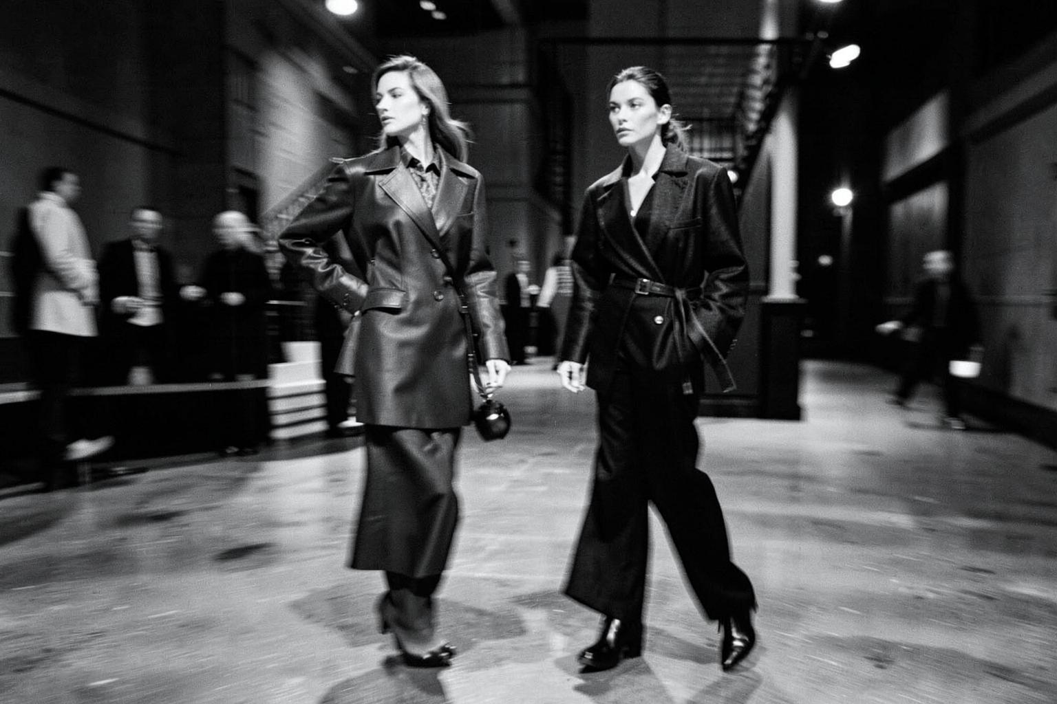 Two models walking in monochrome tailoring