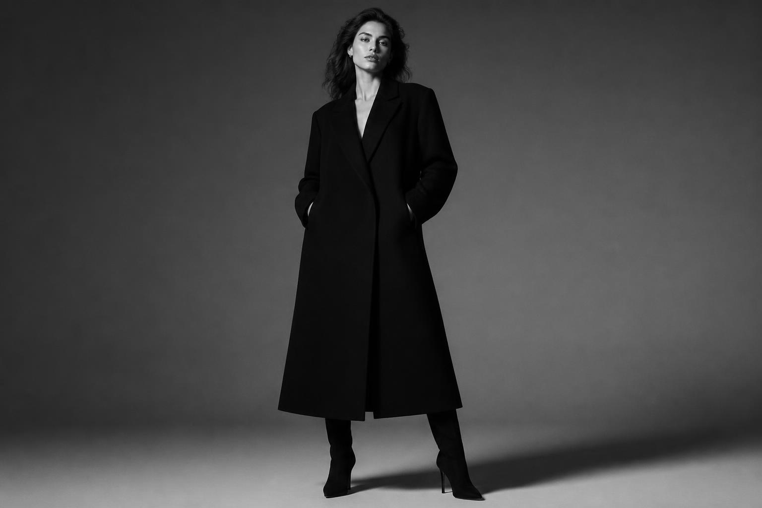 Model in a floor-length black wool coat, photographed in monochrome